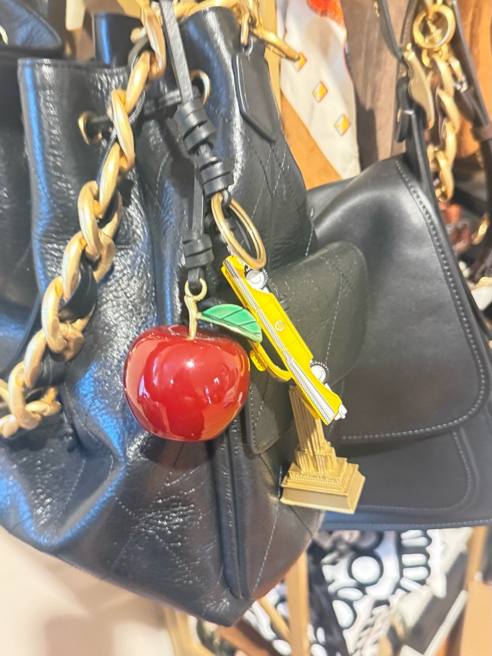 COACH Black Leather New York Cluster Charm with Red Apple & Yellow Taxi